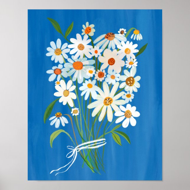 White Daisy Bouquet on Blue Gouache Painting Art Poster (Framsidan)