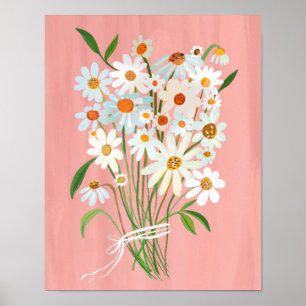 White Daisy Bouquet on Rosa Gouache Painting Art Poster