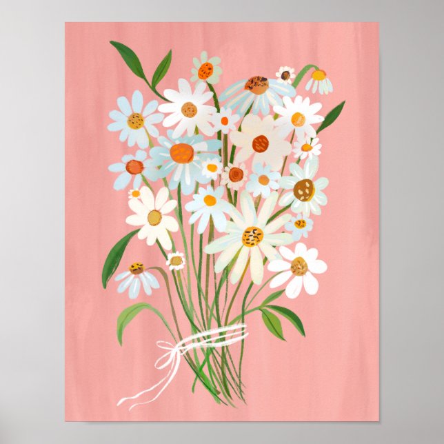 White Daisy Bouquet on Rosa Gouache Painting Art Poster (Framsidan)