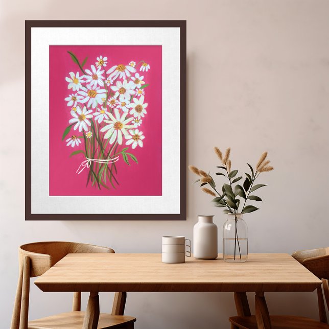 White Daisy Bouquet on Rosa Gouache Painting Art Poster (White Daisy Bouquet on Pink Gouache Painting Art Poster Wall Art)