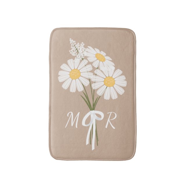 White Daisy Flowers Bouquet Monogram på Beige Badrumsmatta (Framsidan (Vertikal))