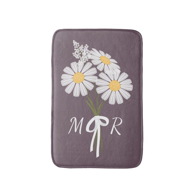 White Daisy Flowers Bouquet Monogram på plommon Badrumsmatta (Framsidan (Vertikal))