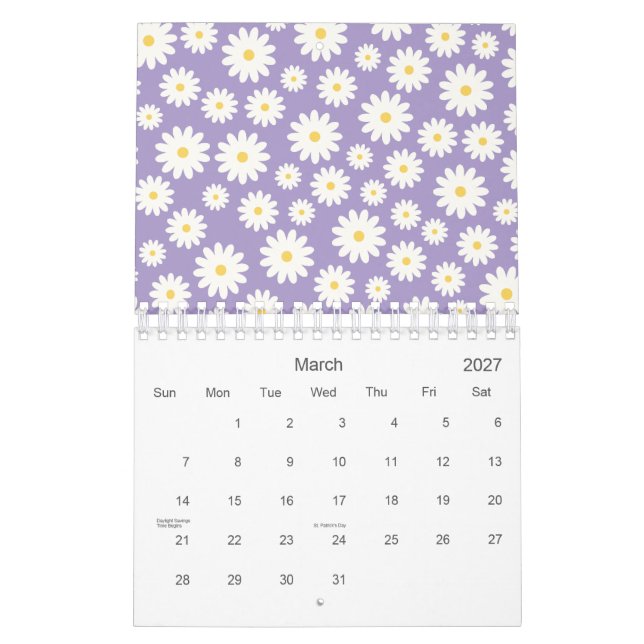 White Daisy Flowers Lila Mönster 2026 Kalender (Mar 2027)