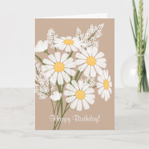 White Daisy Flowers on Beige Grattis på födelsedag Kort