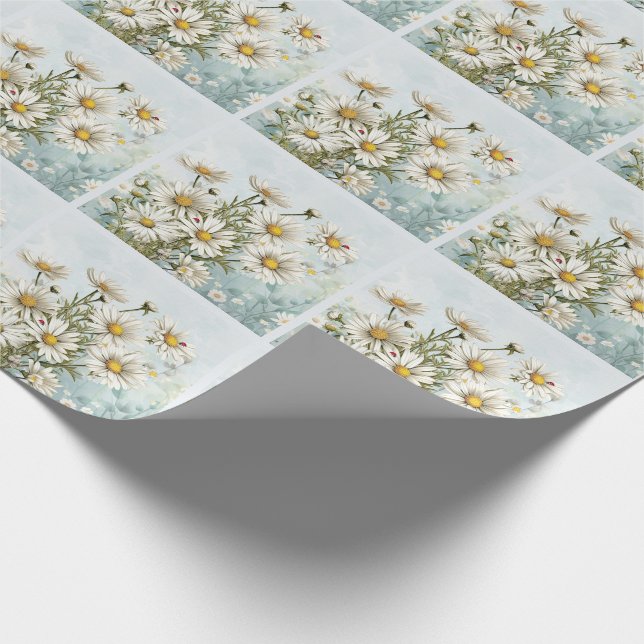 White Daisy Garden with Ladybugs Botanical Presentpapper (Hörn)