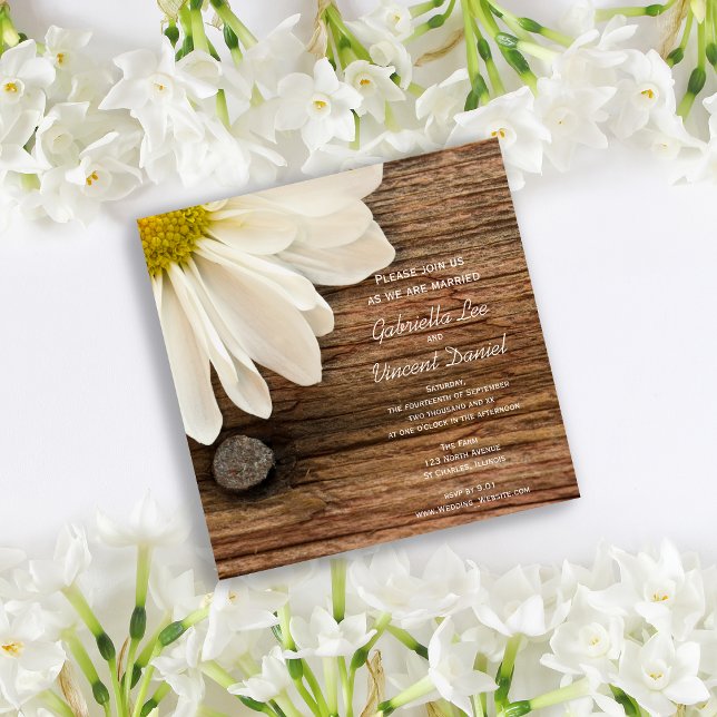 White Daisy och Barn Wood Ranch Bröllop Inbjudningar (Skapare uppladdad)