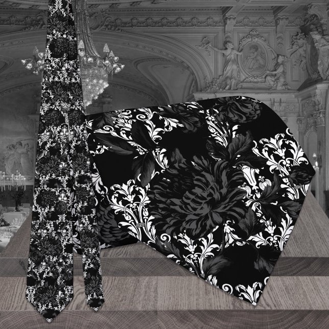 White Damask Black Blommigt Bröllop Neck Tie Slips (Skapare uppladdad)