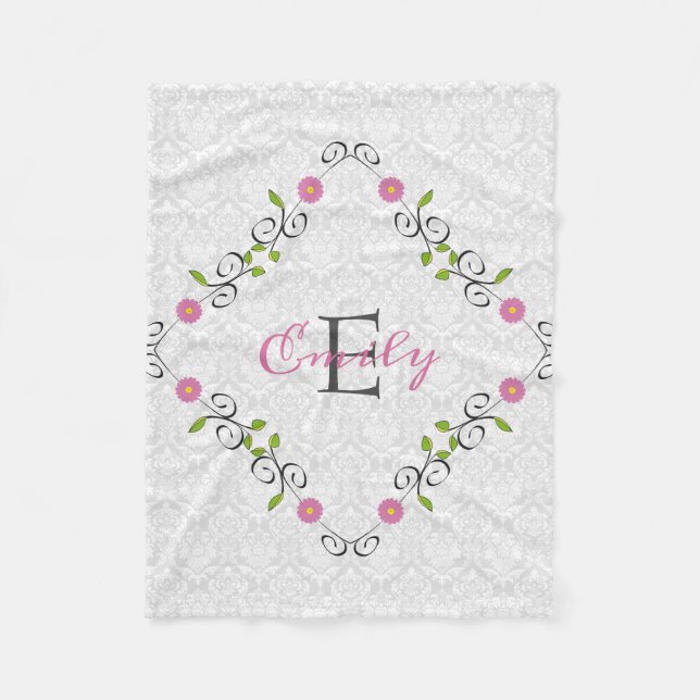 White Damask Blommigt Ram Fleecefilt (Framsidan)