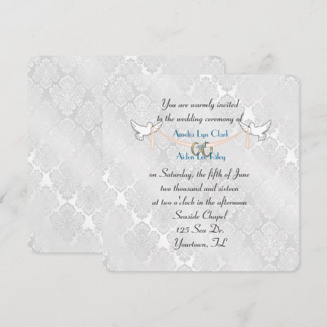 White Damask Shimmer Bröllop Inbjudningar (Fram/baksida)