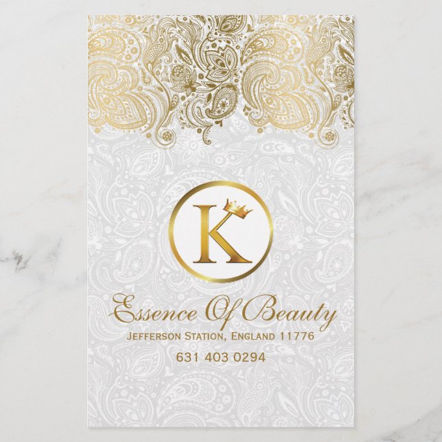 White Damasks & Guld Paisley Snöre Flygblad (Baksidan)