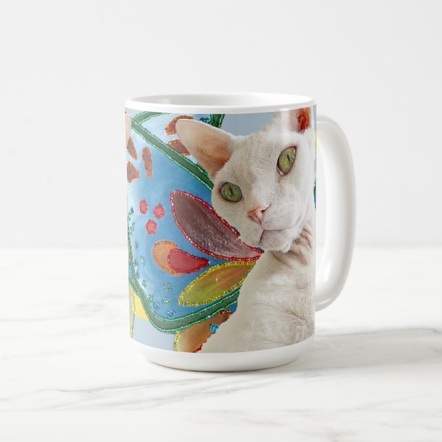 White Devon Rex Cat Rainbow Fairy Vingar Kaffemugg (Framsida höger)