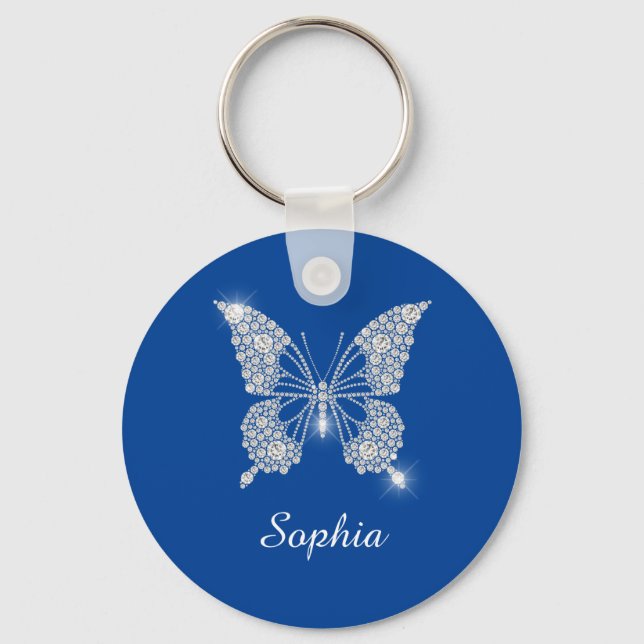 White Diamond Butterfly, DIY Namn, Deep Blue Nyckelring (Framsida)
