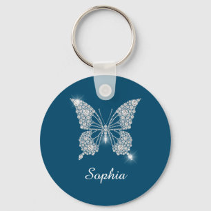 White Diamond Butterfly, DIY Namn, Ocean Blue Nyckelring