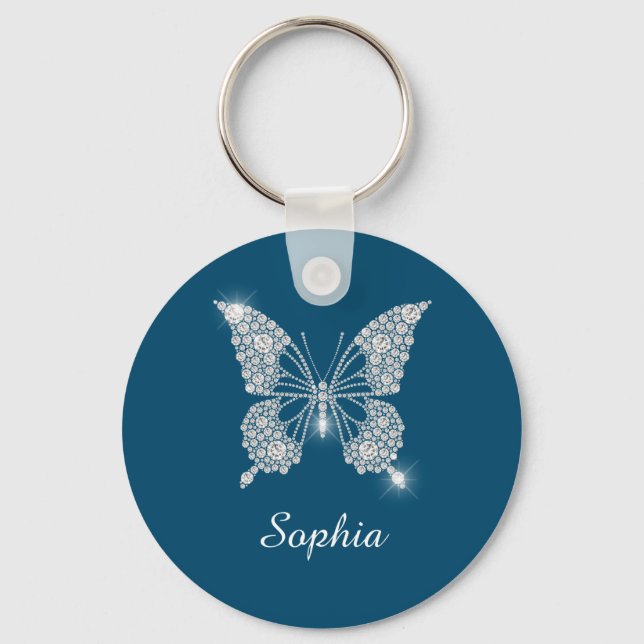 White Diamond Butterfly, DIY Namn, Ocean Blue Nyckelring (Framsida)