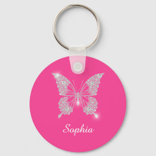 White Diamond Butterfly, DIY Script Namn, Fuchsia Nyckelring