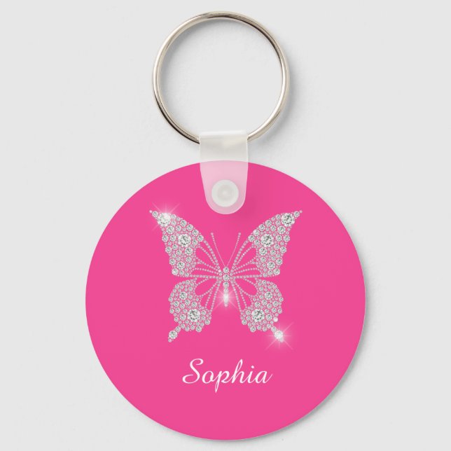 White Diamond Butterfly, DIY Script Namn, Fuchsia Nyckelring (Framsida)