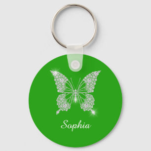 White Diamond Butterfly, DIY Script Namn, Grönt Nyckelring