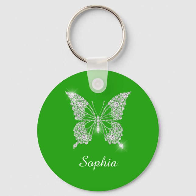 White Diamond Butterfly, DIY Script Namn, Grönt Nyckelring (Framsida)