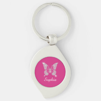 White Diamond Butterfly, Script Name, Fuchsia Swirl Silverfärgad Nyckelring