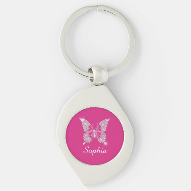 White Diamond Butterfly, Script Name, Fuchsia Swirl Silverfärgad Nyckelring (Framsidan)