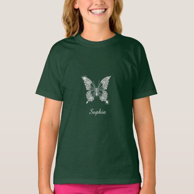 White Diamond Butterfly, Script Namn, Black T Shirt (Framsida)