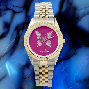 White Diamond Butterfly, Script Namn, Deep Fuchsia Armbandsur