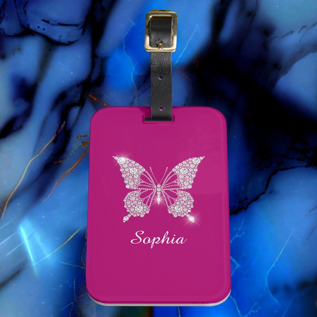 White Diamond Butterfly, Script Namn, Deep Fuchsia Bagagebricka (Skapare uppladdad)
