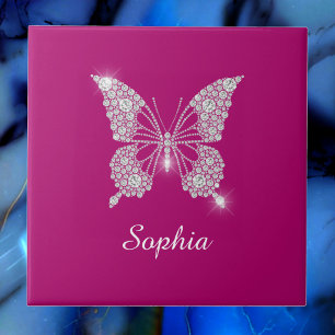 White Diamond Butterfly, Script Namn, Deep Fuchsia Kakelplatta