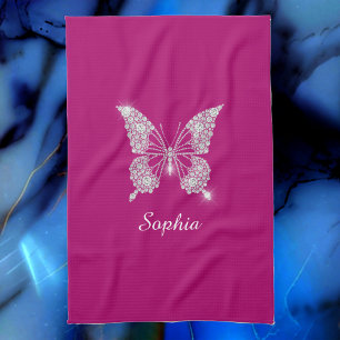White Diamond Butterfly, Script Namn, Deep Fuchsia Kökshandduk