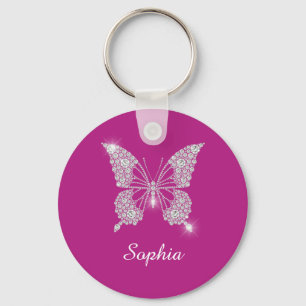 White Diamond Butterfly, Script Namn, Deep Fuchsia Nyckelring