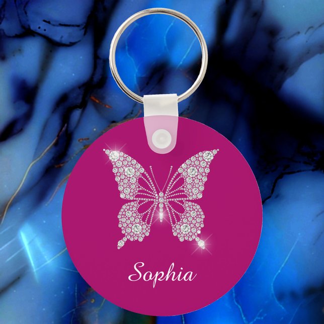 White Diamond Butterfly, Script Namn, Deep Fuchsia Nyckelring (Skapare uppladdad)