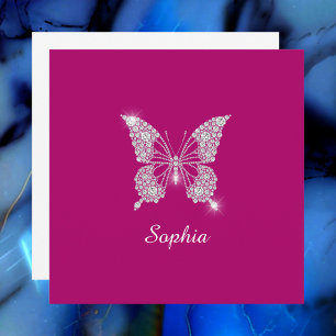 White Diamond Butterfly, Script Namn, Deep Fuchsia Tack Kort