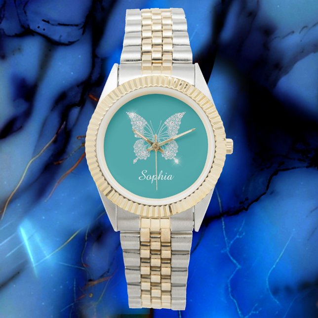 White Diamond Butterfly, Script Namn, Deep Teal Armbandsur (Skapare uppladdad)