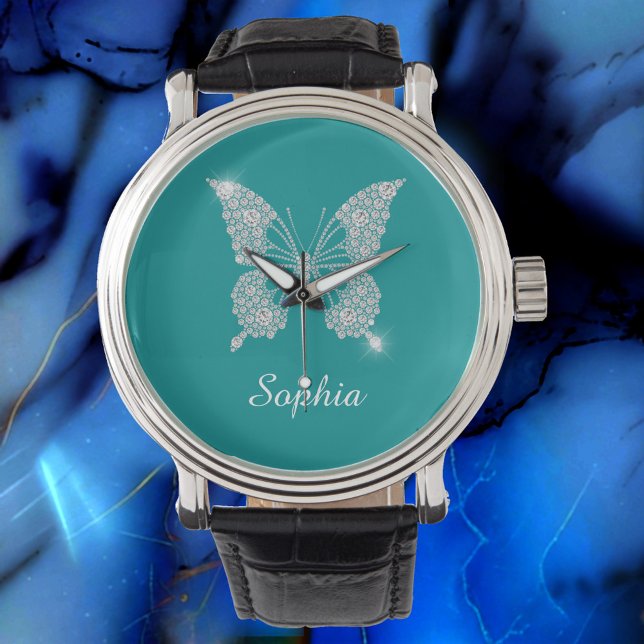 White Diamond Butterfly, Script Namn, Deep Teal Armbandsur (Skapare uppladdad)