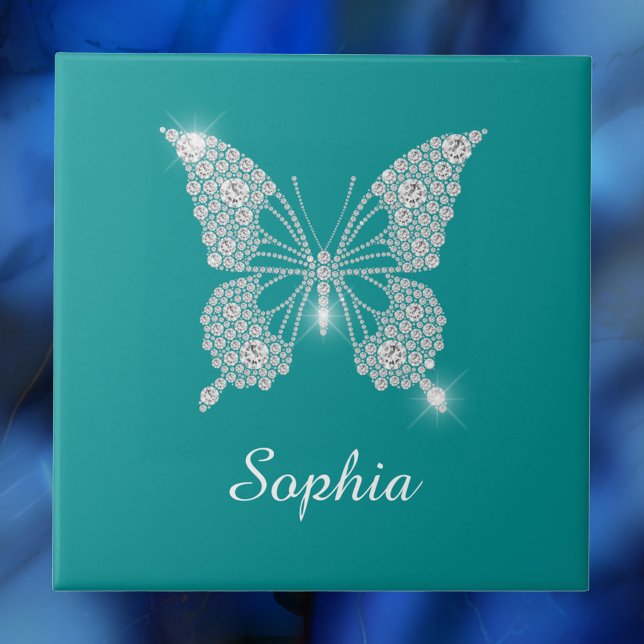 White Diamond Butterfly, Script Namn, Deep Teal Kakelplatta (Skapare uppladdad)
