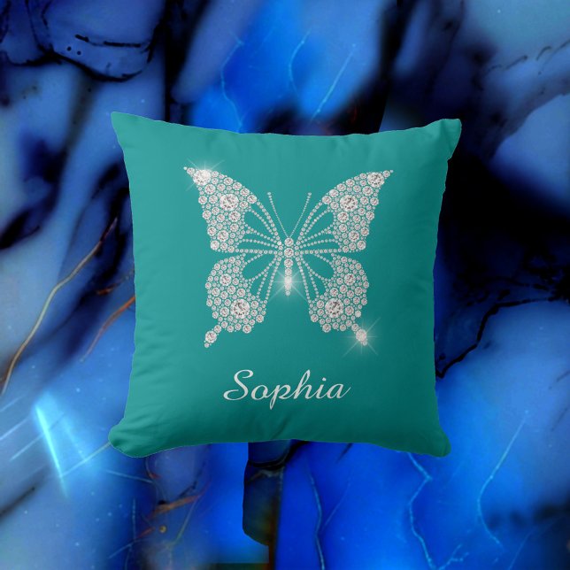 White Diamond Butterfly, Script Namn, Deep Teal Kudde (Skapare uppladdad)