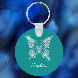 White Diamond Butterfly, Script Namn, Deep Teal Nyckelring