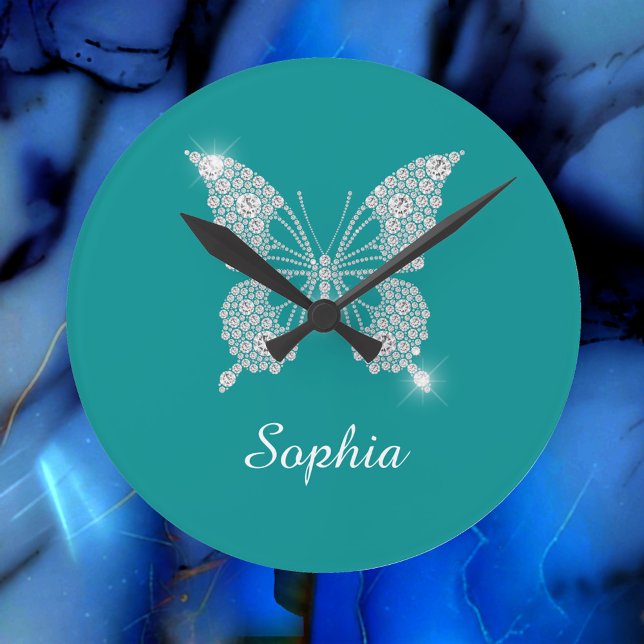 White Diamond Butterfly, Script Namn, Deep Teal Rund Klocka (Skapare uppladdad)