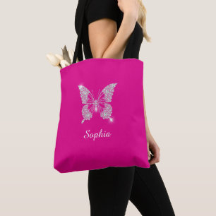White Diamond Butterfly, Script Namn, Fuchsia Tygkasse