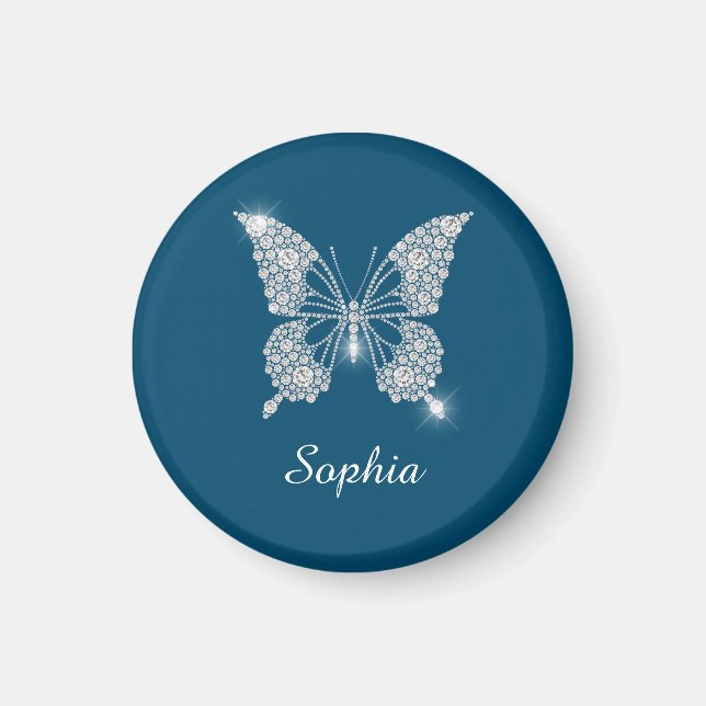 White Diamond Butterfly, Script Namn, Ocean Blue Magnet (Framsidan)