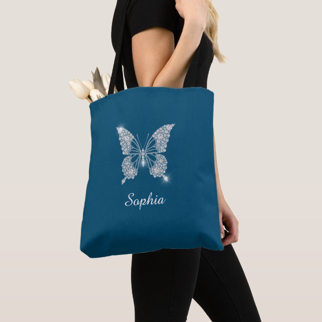 White Diamond Butterfly, Script Namn, Ocean Blue Tygkasse (Närbild)