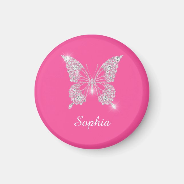 White Diamond Butterfly, Script Namn, Rosa Magnet (Framsidan)