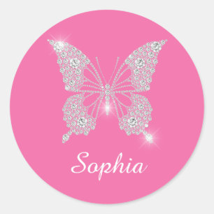 White Diamond Butterfly, Script Namn, Rosa Runt Klistermärke