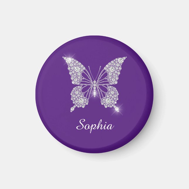 White Diamond Butterfly, Script Namn, Royal Lila Magnet (Framsidan)