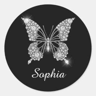 White Diamond Butterfly, White Script Namn, Runt Klistermärke