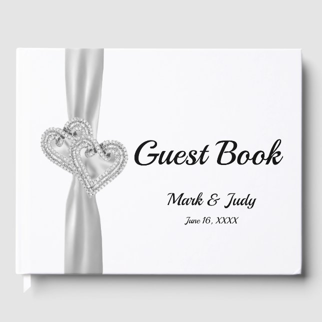 White Diamond Hearts Bröllop Guestbook Gästböcker (Framsida)
