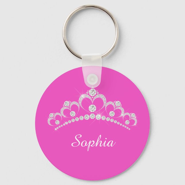 White Diamond Krona, DIY Script Namn, Fuchsia Nyckelring (Framsida)