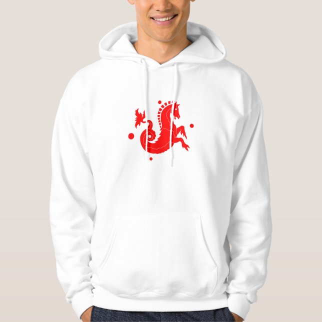 White Dimonus Hooded Sweatshirt "RED Seahorse". (Framsida)