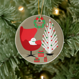 White Dog in Mid Century Christmas Room Julgransprydnad Keramik