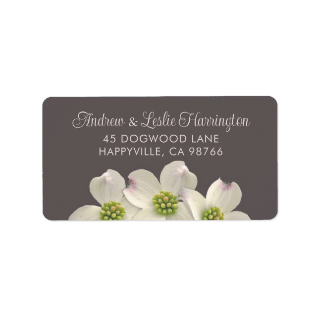 White Dogwood Flowers on Smoke Brown Adressetikett (Framsidan)